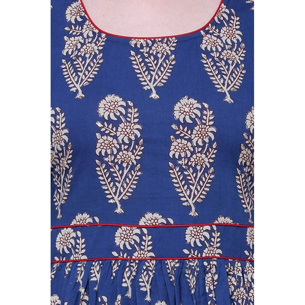 Generic Women's Cotton Printed Anarkali Kurti (Blue, Cotton)