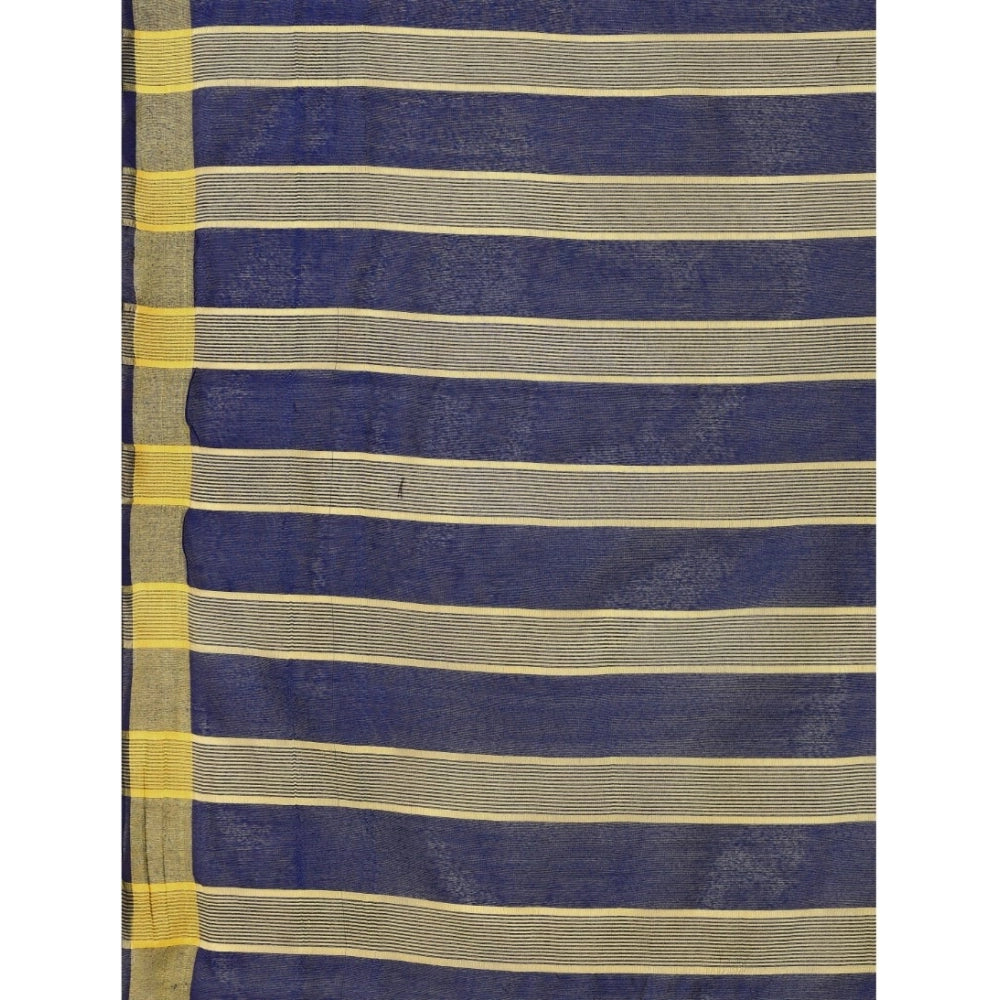 Generic Women's Cotton Silk Striped Saree With Unstitched Blouse 5.5Mtr (Dark Blue)