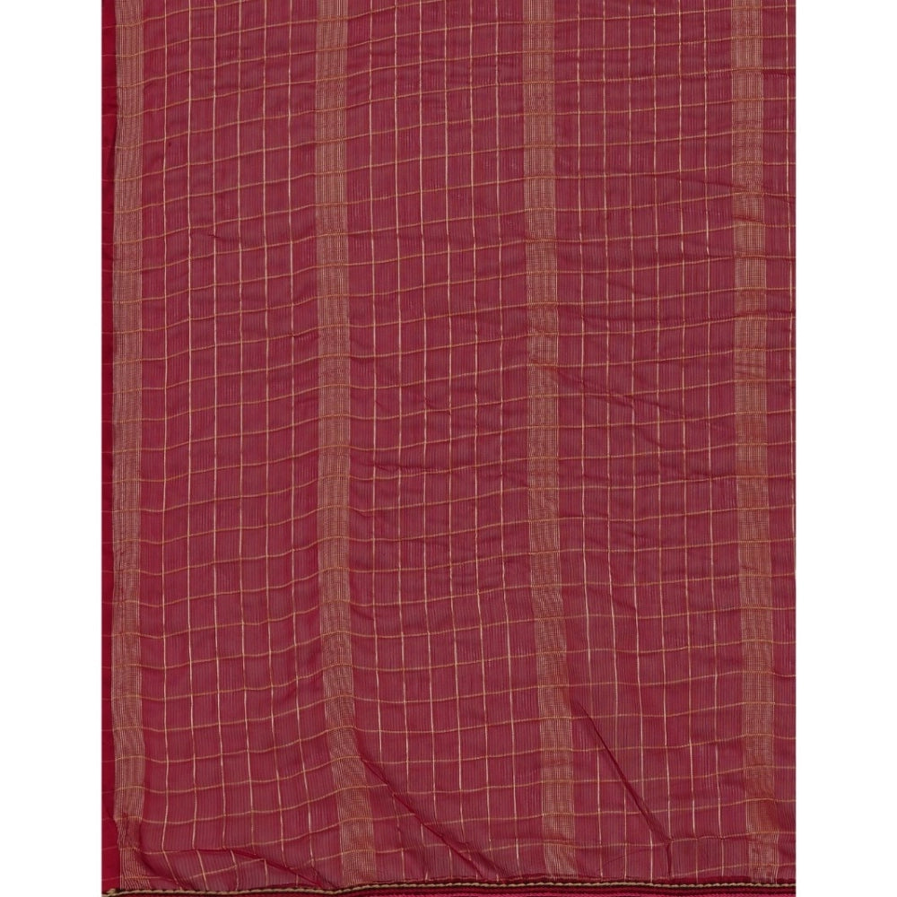 Generic Women's Silk Blend Checkered Saree With Unstitched Blouse 5.5Mtr (Red)