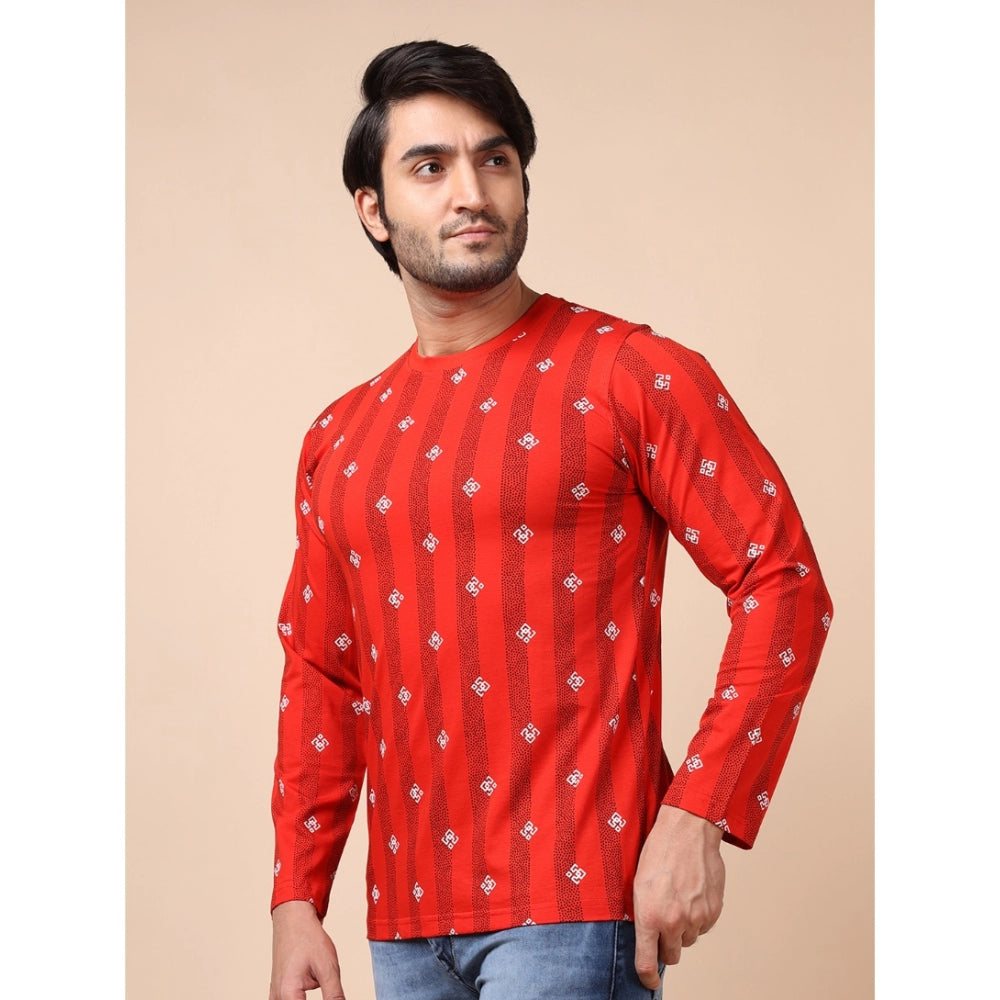 Generic Men's Casual Cotton Printed Round Neck Full Sleeve T-Shirt (Red)