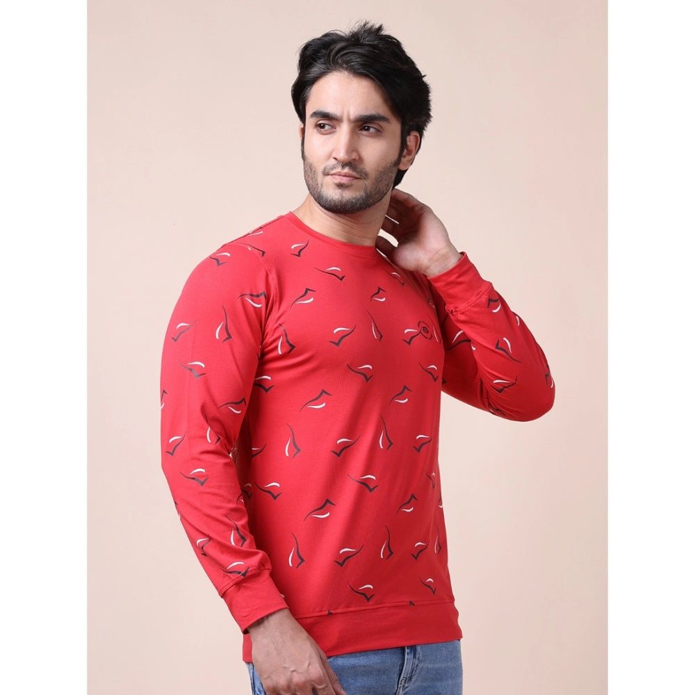 Generic Men's Casual Cotton Printed Round Neck Full Sleeve T-Shirt (Red)