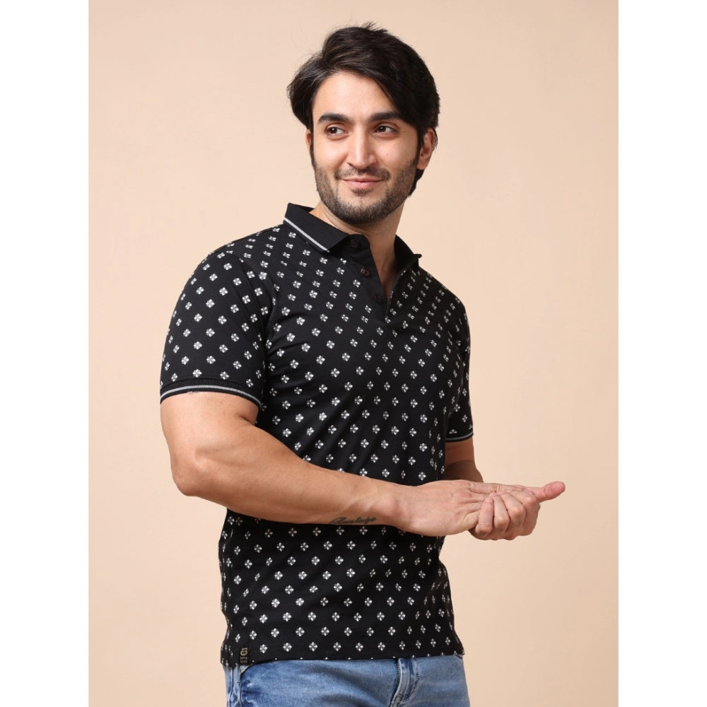 Generic Men's Casual Cotton Printed Polo Neck Half Sleeve T-Shirt (Black)