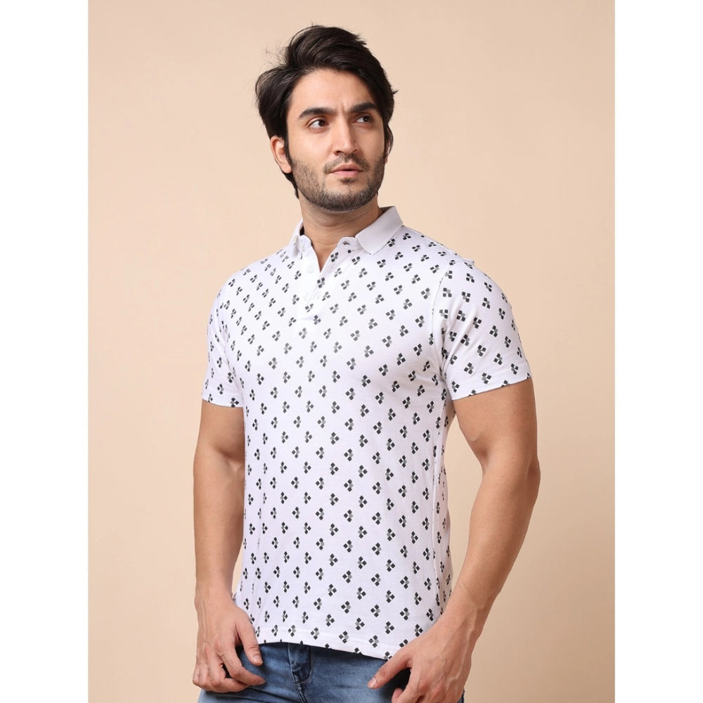 Generic Men's Casual Cotton Printed Polo Neck Half Sleeve T-Shirt (White)