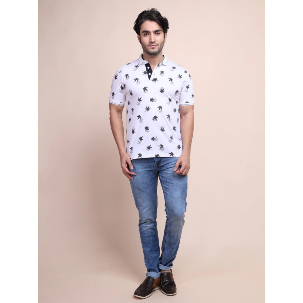 Generic Men's Casual Cotton Printed Polo Neck Half Sleeve T-Shirt (White)