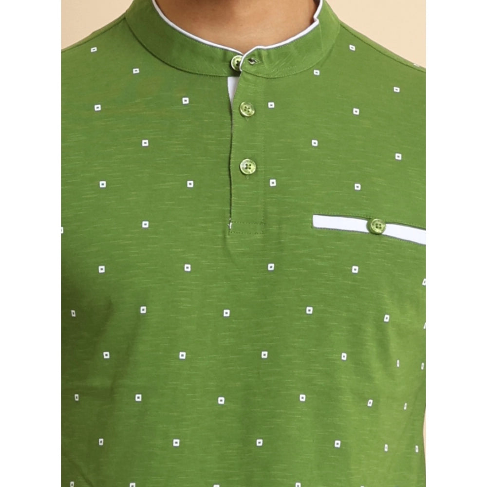Generic Men's Casual Cotton Printed Mandarin Collar Half Sleeve T-Shirt (Green)