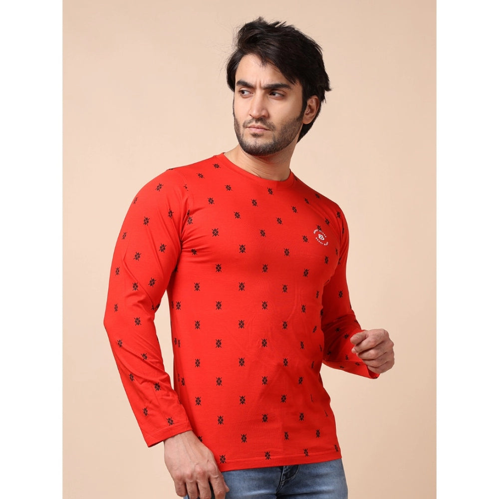 Generic Men's Casual Cotton Printed Round Neck Full Sleeve T-Shirt (Red)
