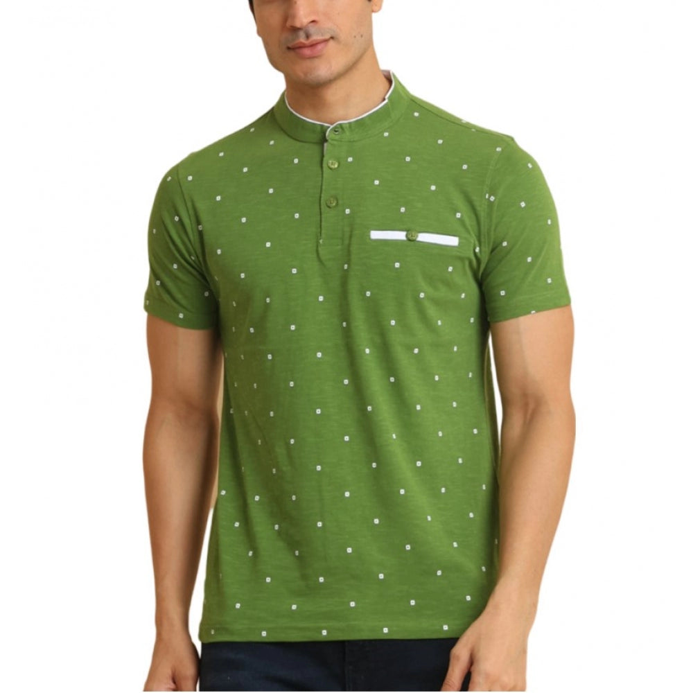 Generic Men's Casual Cotton Printed Mandarin Collar Half Sleeve T-Shirt (Green)