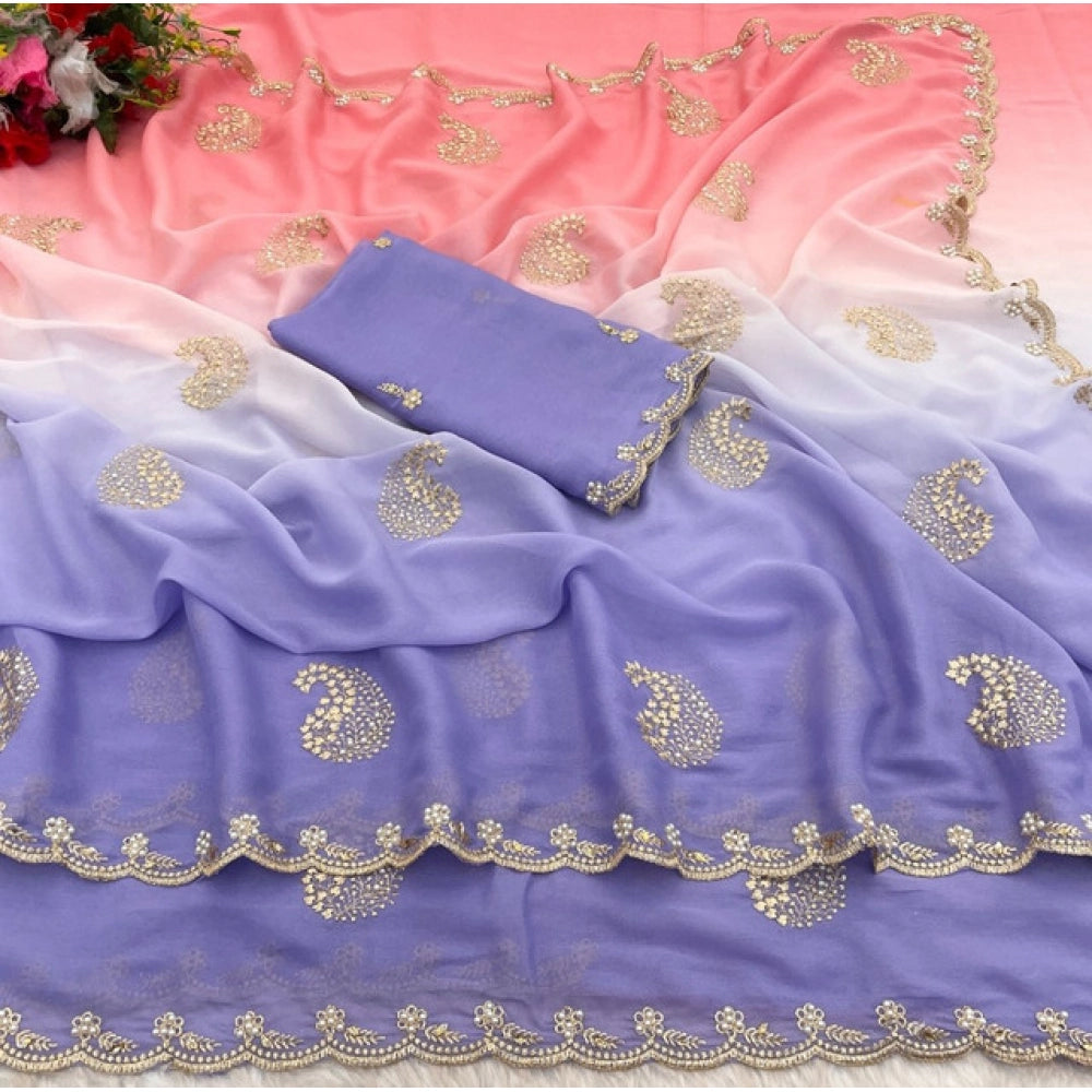 Generic Women's Digital Printed  Geogette Saree With Unstitched Blouse (Purple, 5-6 Mtrs)