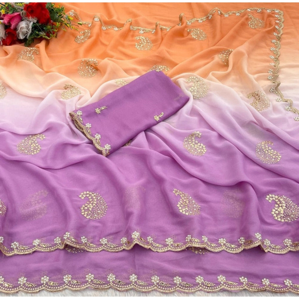 Generic Women's Digital Printed  Geogette Saree With Unstitched Blouse (Wine, 5-6 Mtrs)