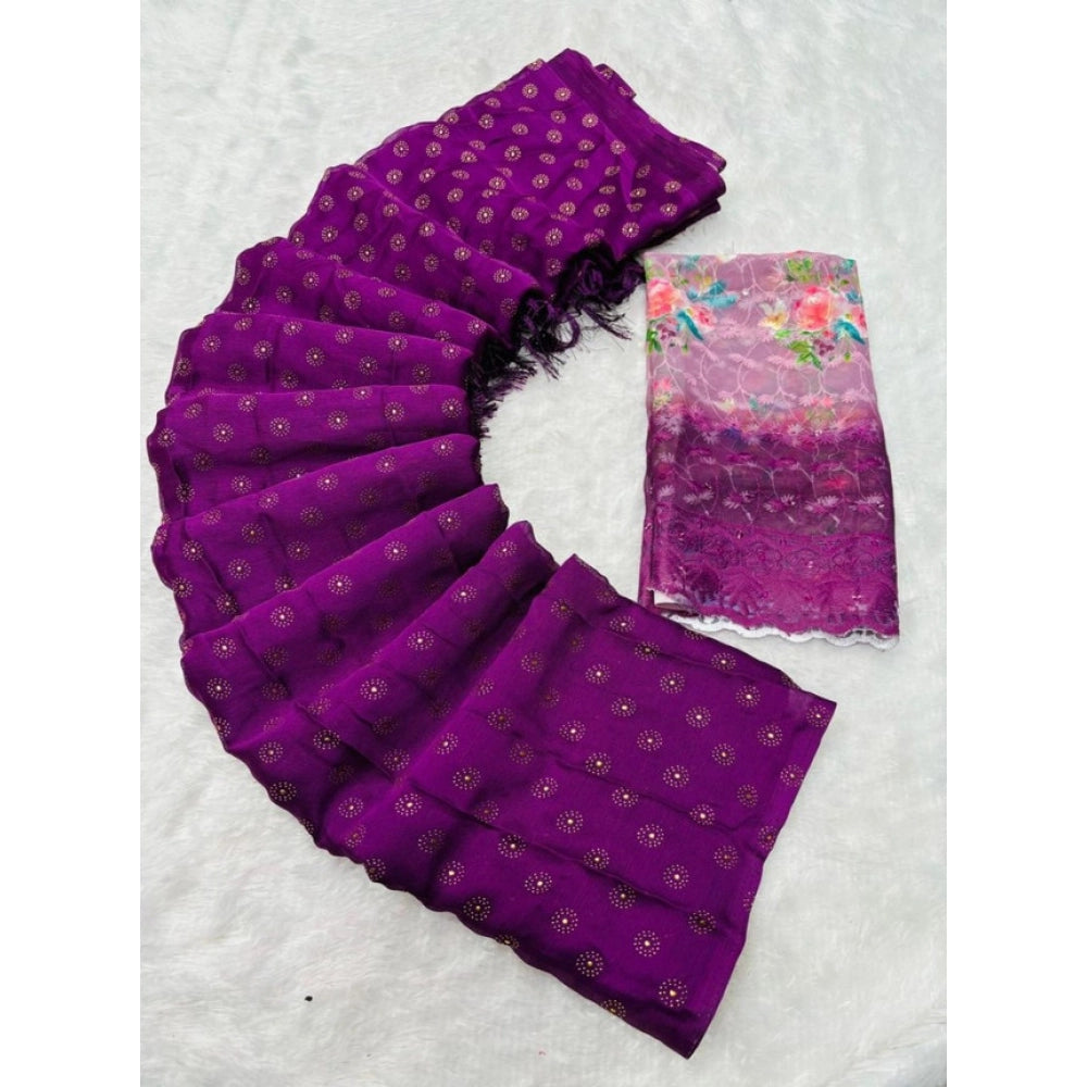 Generic Women's Printed Brasso Saree With Unstitched Blouse (Magenta, 5-6 Mtrs)