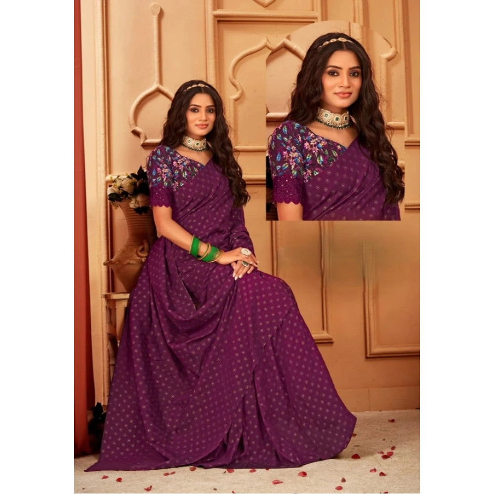 Generic Women's Printed Brasso Saree With Unstitched Blouse (Magenta, 5-6 Mtrs)