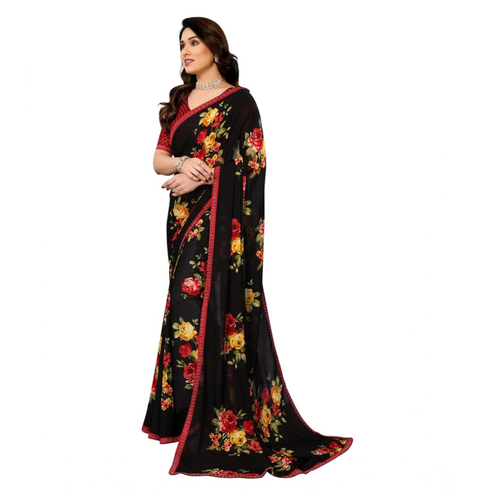 Generic Women's Georgette Printed Saree With Unstitched Blouse 5.5Mtr (Black)