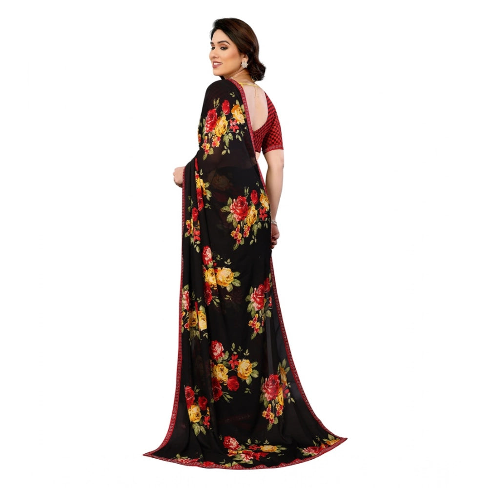 Generic Women's Georgette Printed Saree With Unstitched Blouse 5.5Mtr (Black)