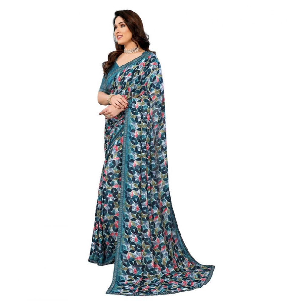 Generic Women's Georgette Printed Saree With Unstitched Blouse 5.5Mtr (Sky Blue)