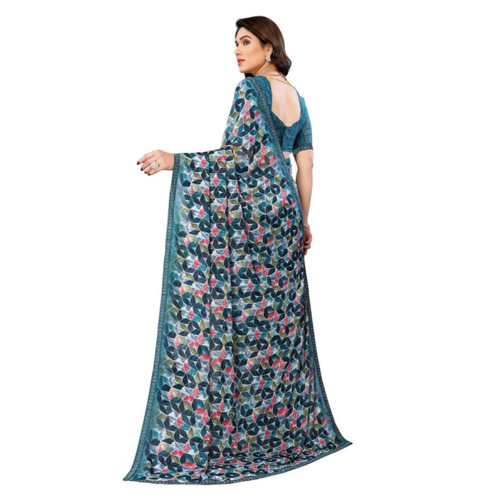 Generic Women's Georgette Printed Saree With Unstitched Blouse 5.5Mtr (Sky Blue)