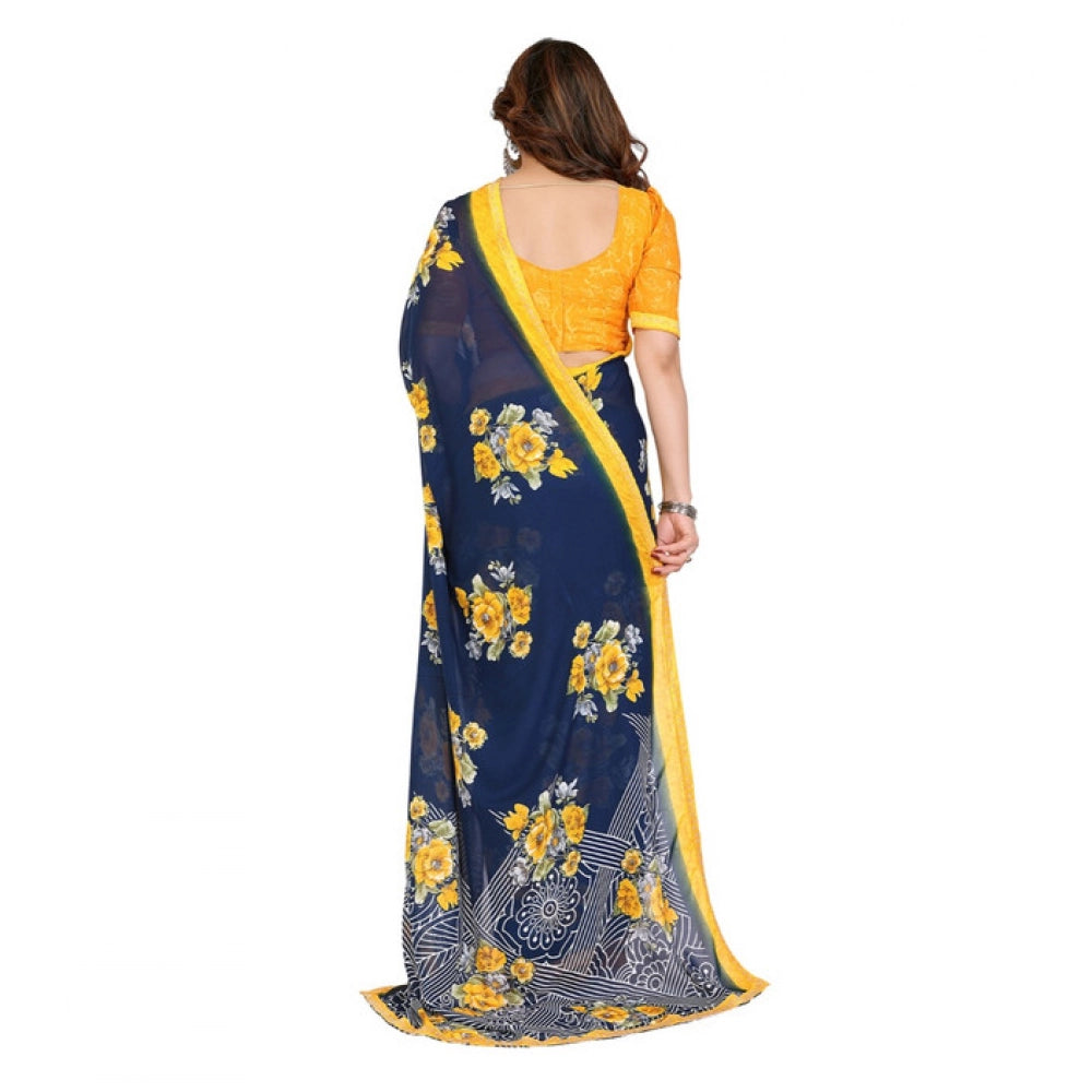 Generic Women's Georgette Printed Saree With Unstitched Blouse 5.5Mtr (Blue)