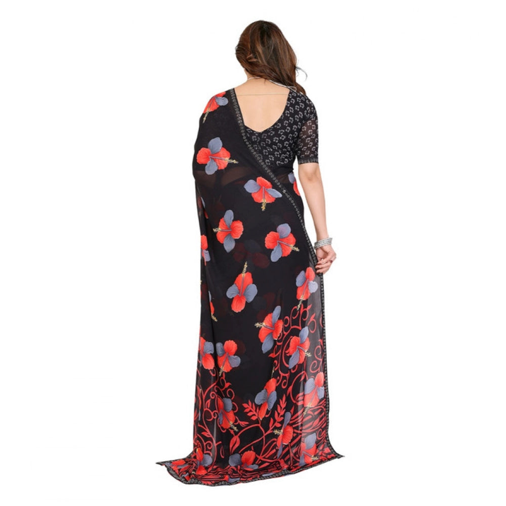 Generic Women's Georgette Printed Saree With Unstitched Blouse 5.5Mtr (Black)