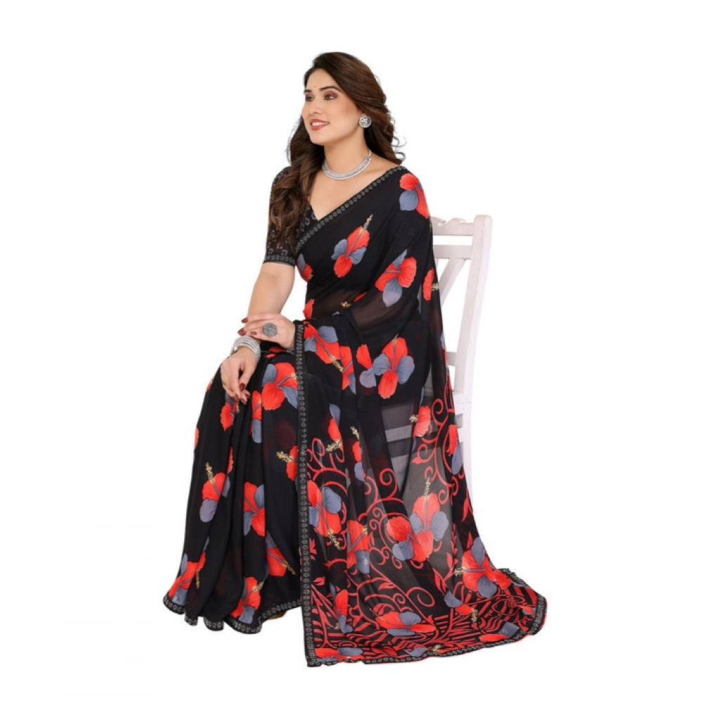 Generic Women's Georgette Printed Saree With Unstitched Blouse 5.5Mtr (Black)