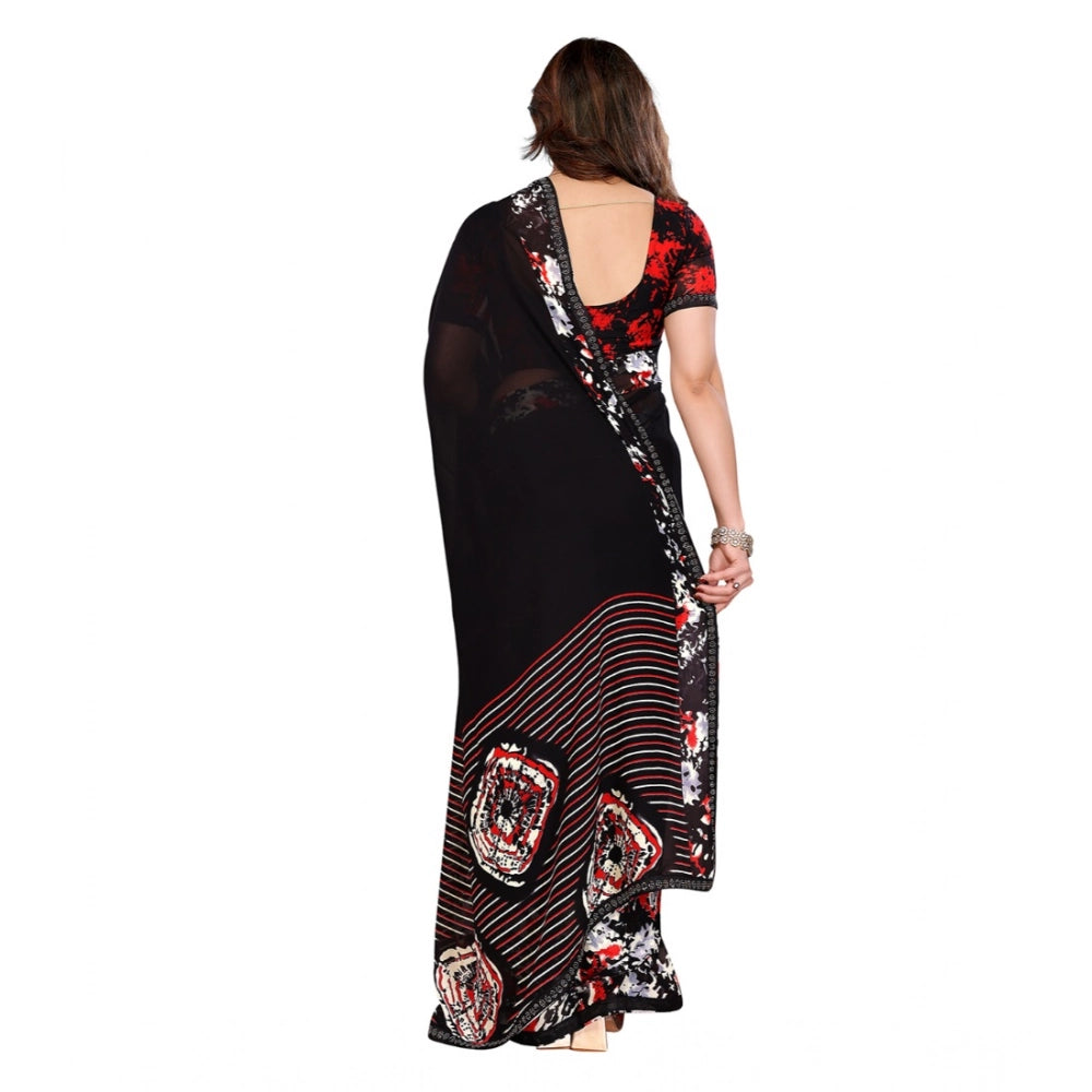 Generic Women's Georgette Printed Saree With Unstitched Blouse 5.5Mtr (Black)