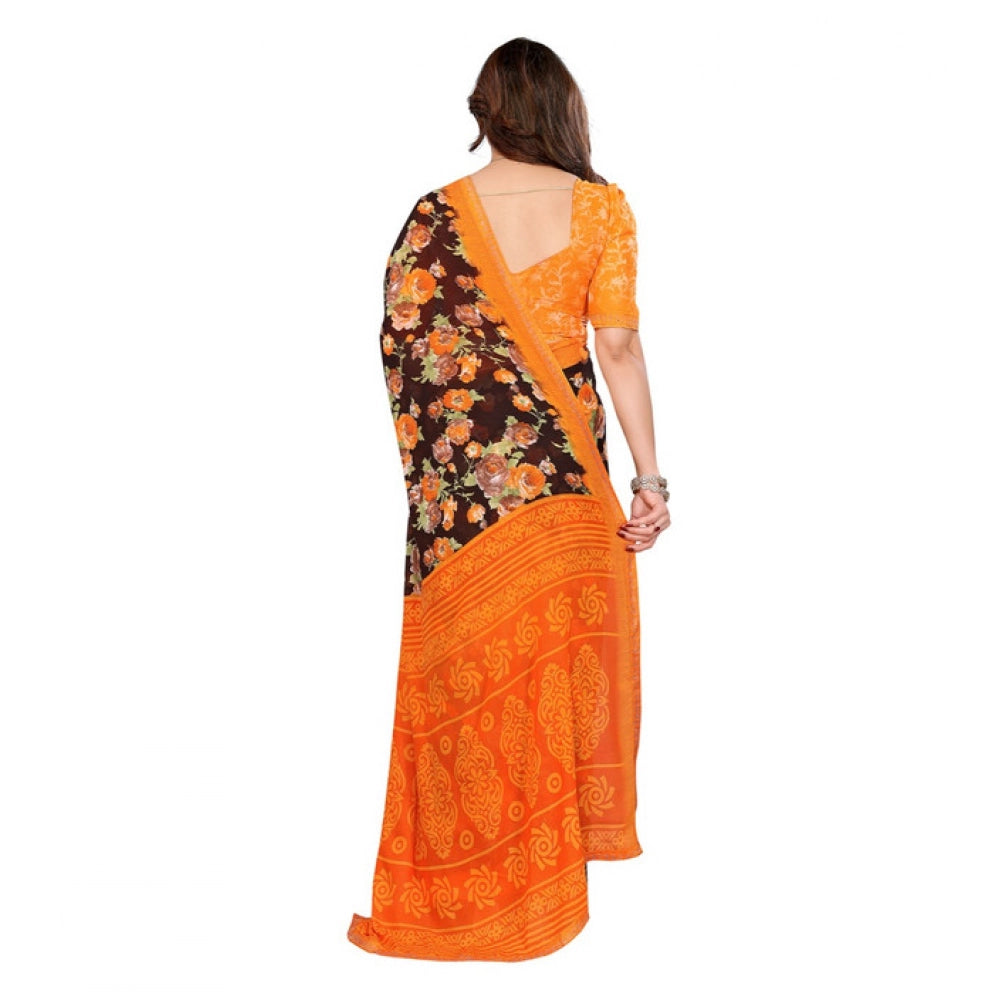 Generic Women's Georgette Printed Saree With Unstitched Blouse 5.5Mtr (Mustard)