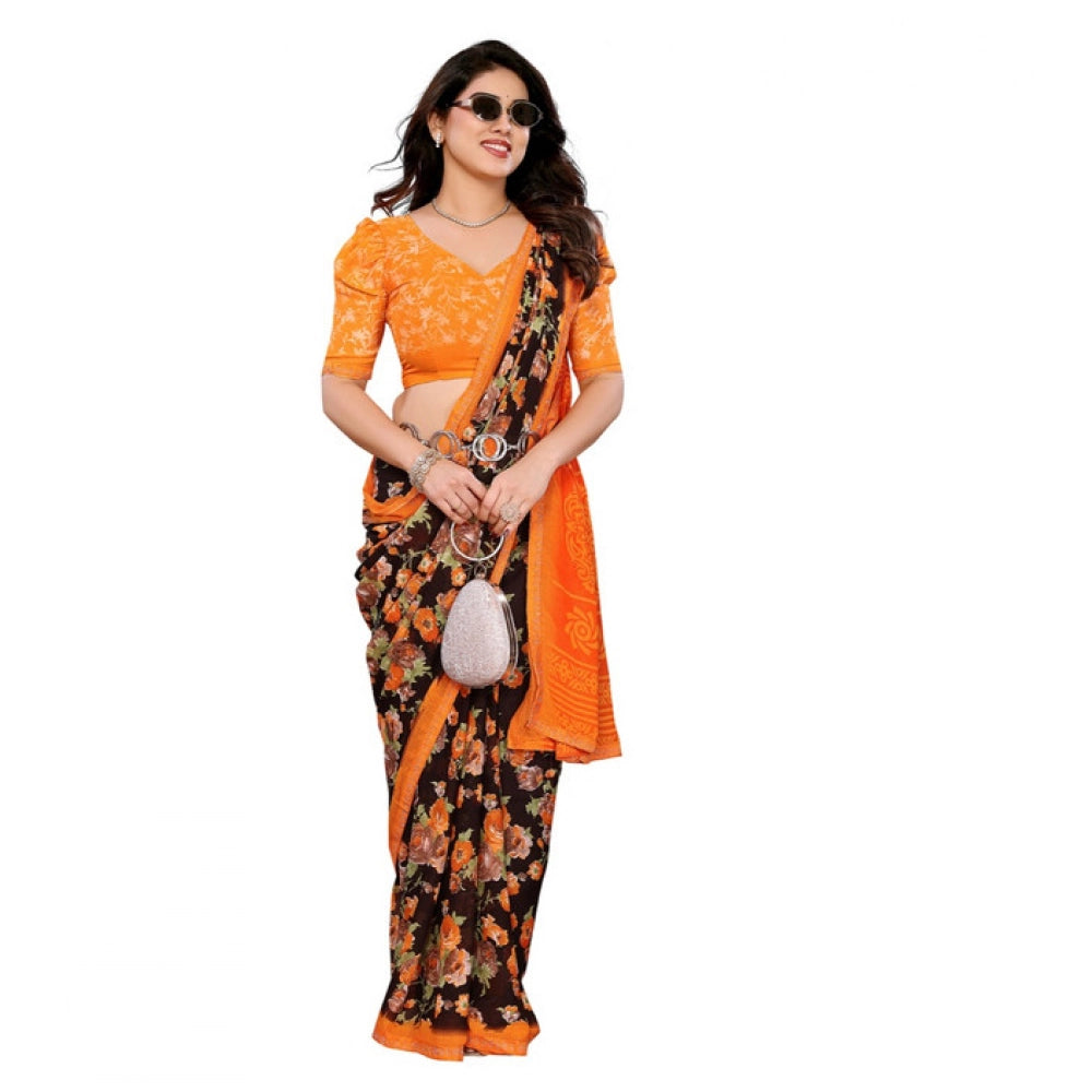 Generic Women's Georgette Printed Saree With Unstitched Blouse 5.5Mtr (Mustard)
