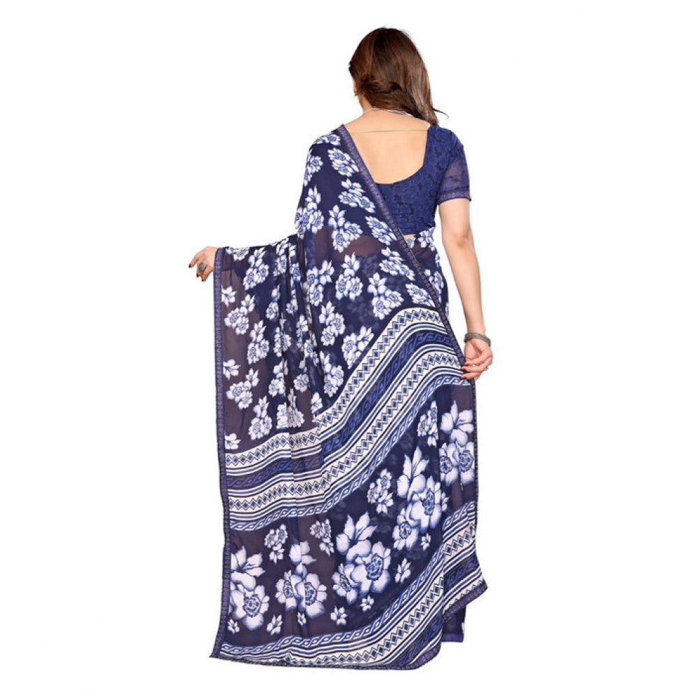 Generic Women's Georgette Printed Saree With Unstitched Blouse 5.5Mtr (Blue)