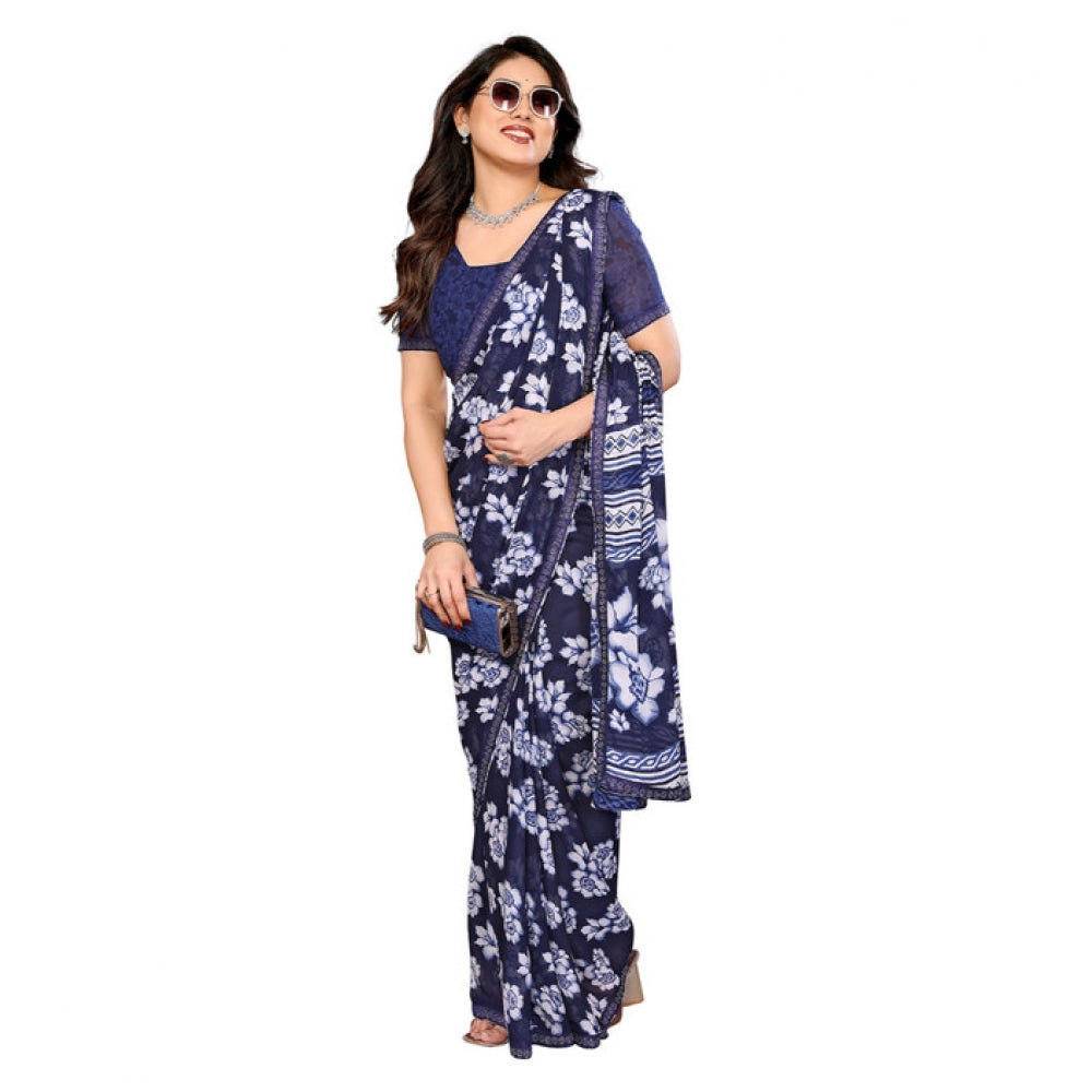 Generic Women's Georgette Printed Saree With Unstitched Blouse 5.5Mtr (Blue)