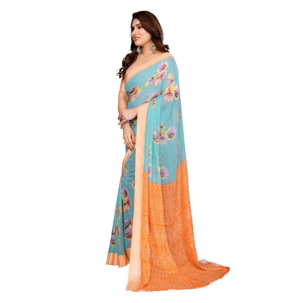 Generic Women's Georgette Printed Saree With Unstitched Blouse 5.5Mtr (Light Blue)