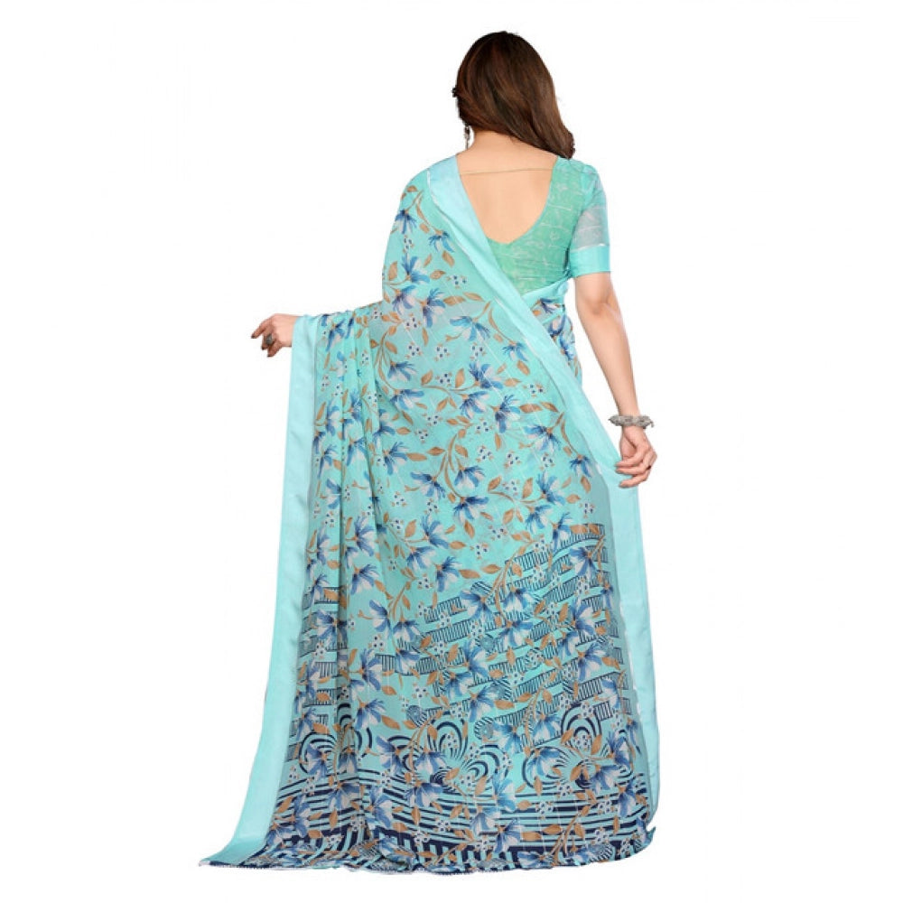 Generic Women's Georgette Printed Saree With Unstitched Blouse 5.5Mtr (Blue)