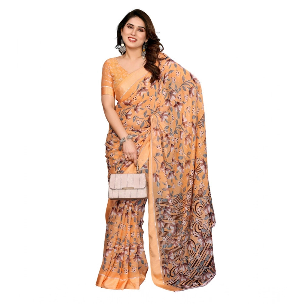 Generic Women's Georgette Printed Saree With Unstitched Blouse 5.5Mtr (Orange)