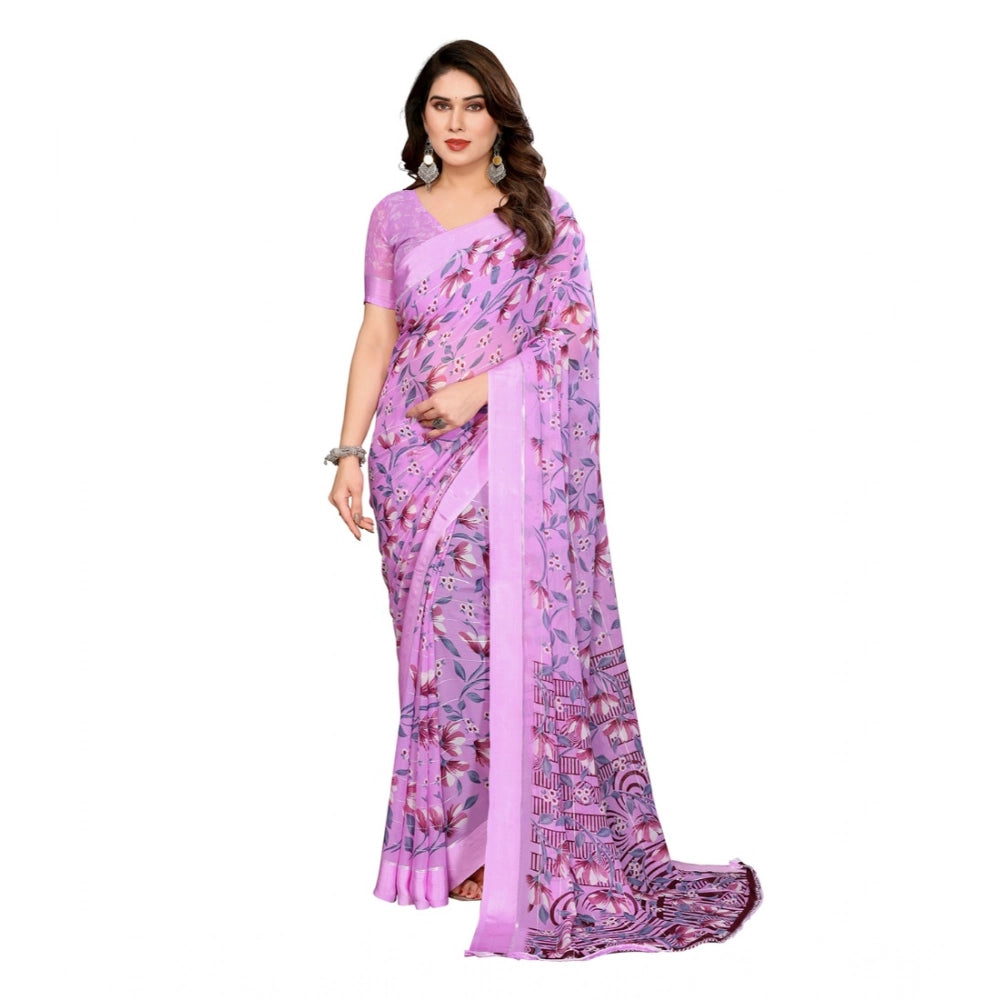 Generic Women's Georgette Printed Saree With Unstitched Blouse 5.5Mtr (Purple)