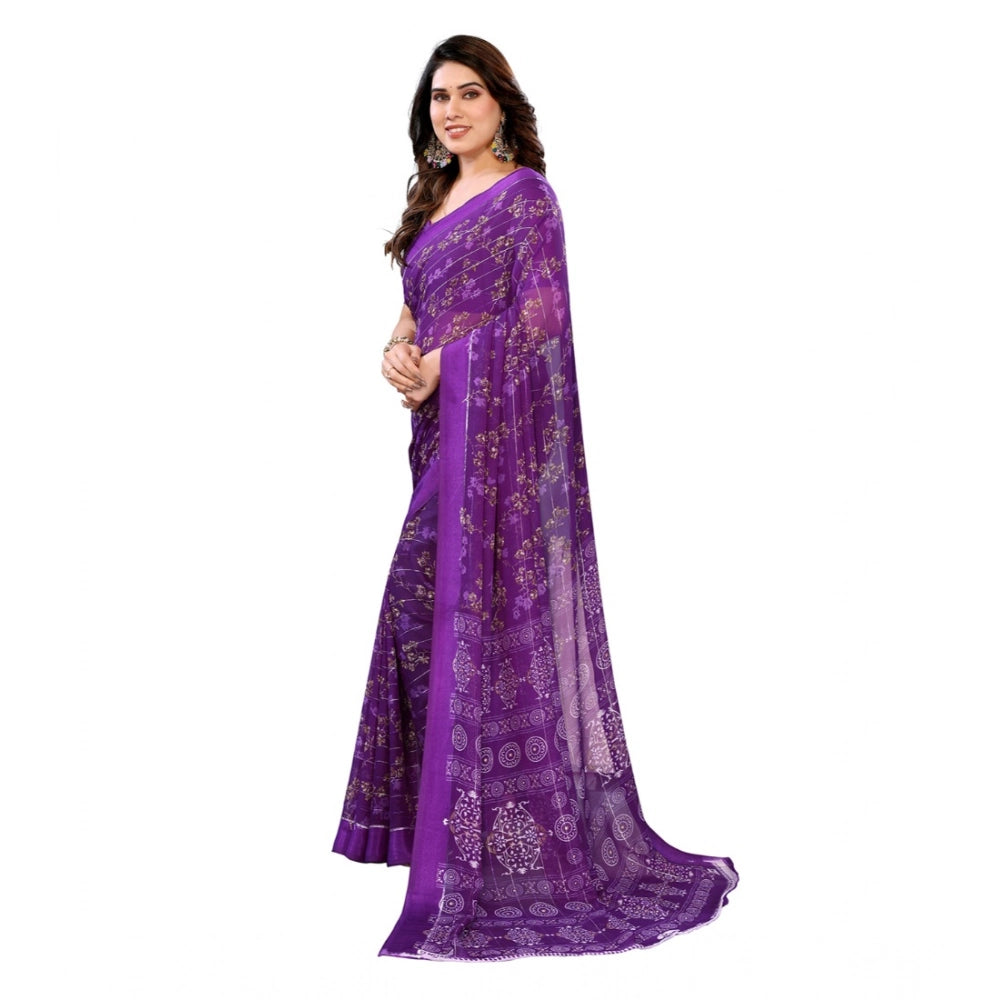 Generic Women's Georgette Printed Saree With Unstitched Blouse 5.5Mtr (Purple)