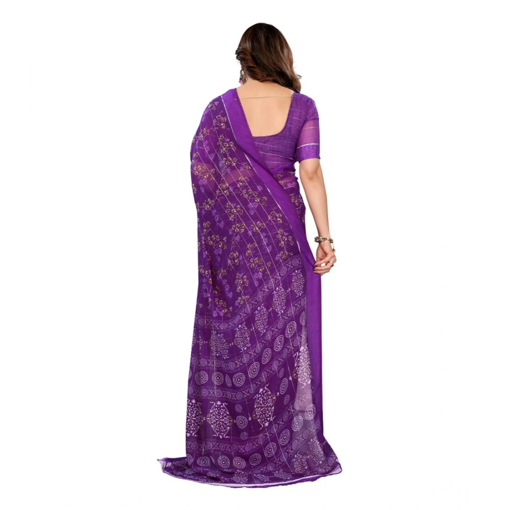 Generic Women's Georgette Printed Saree With Unstitched Blouse 5.5Mtr (Purple)