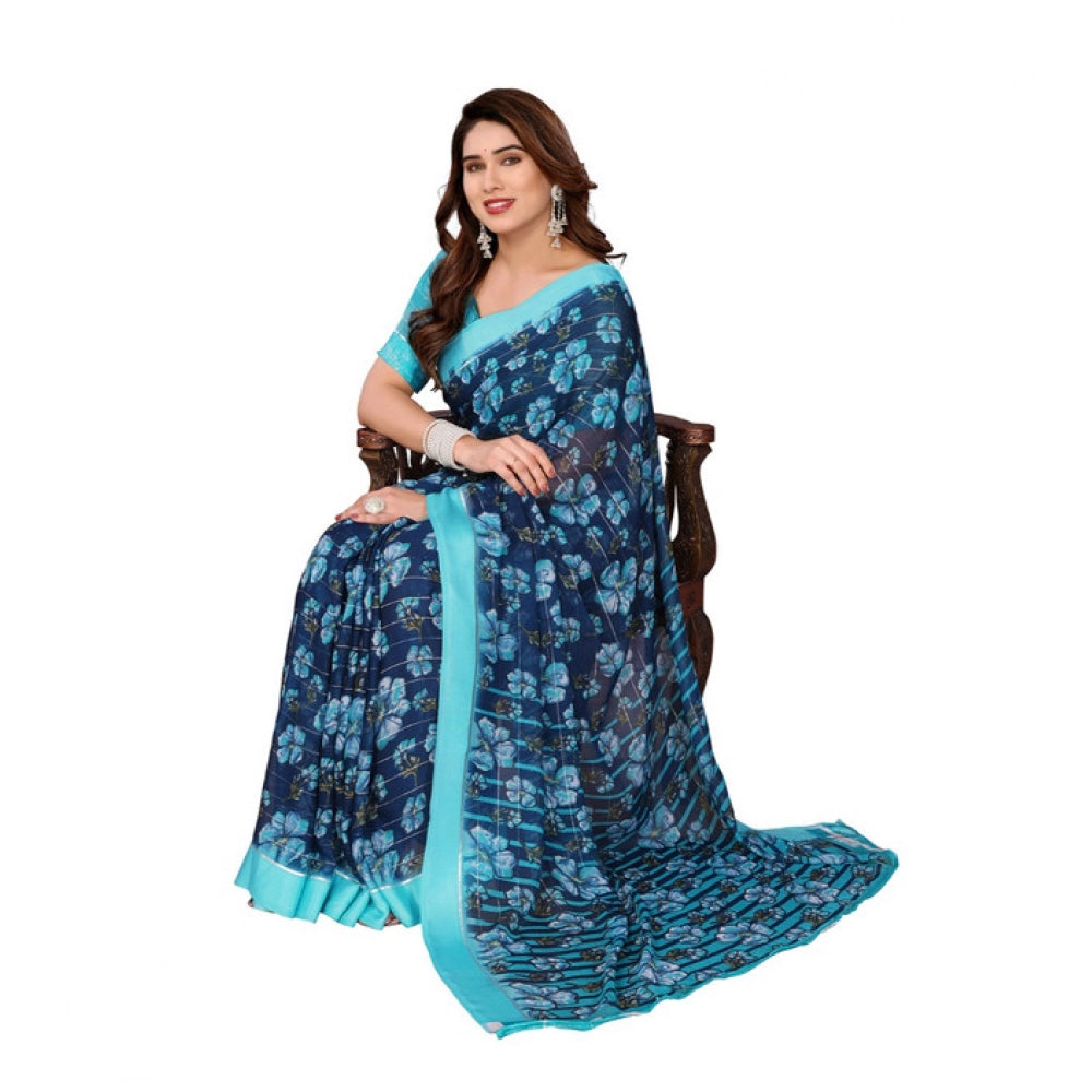 Generic Women's Georgette Printed Saree With Unstitched Blouse 5.5Mtr (Sky Blue)