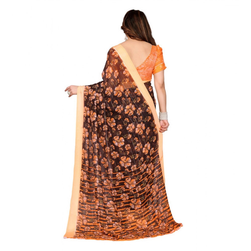 Generic Women's Georgette Printed Saree With Unstitched Blouse 5.5Mtr (Brown)