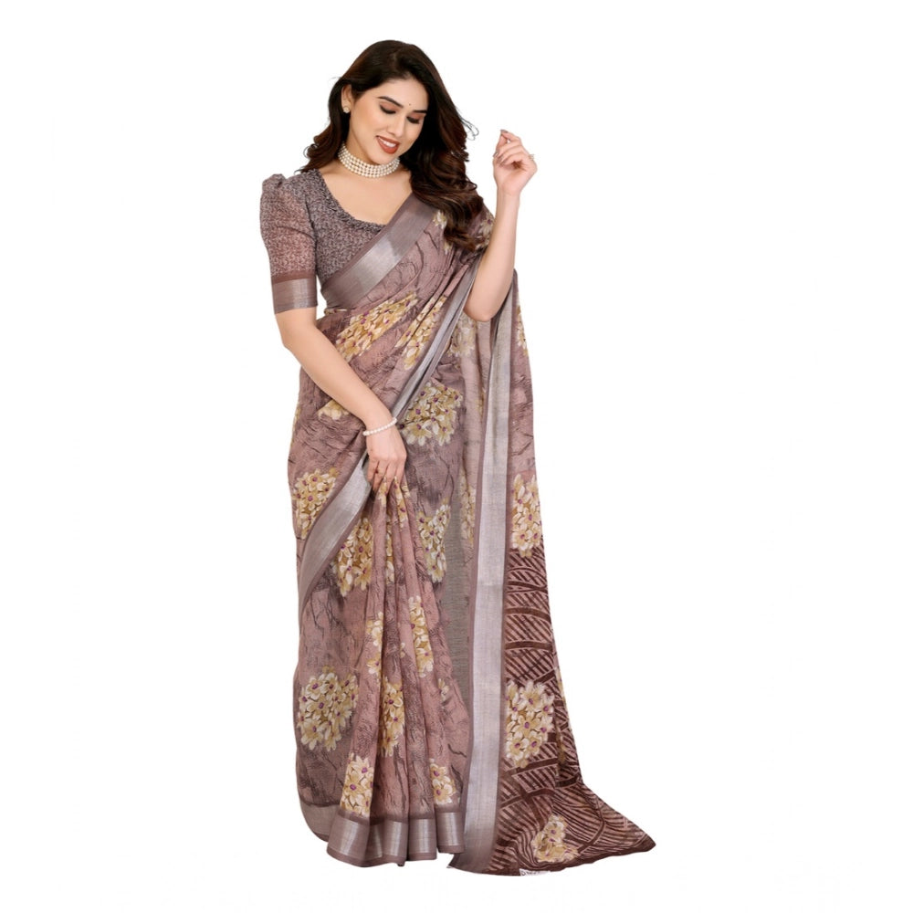 Generic Women's Georgette Printed Saree With Unstitched Blouse 5.5Mtr (Brown)