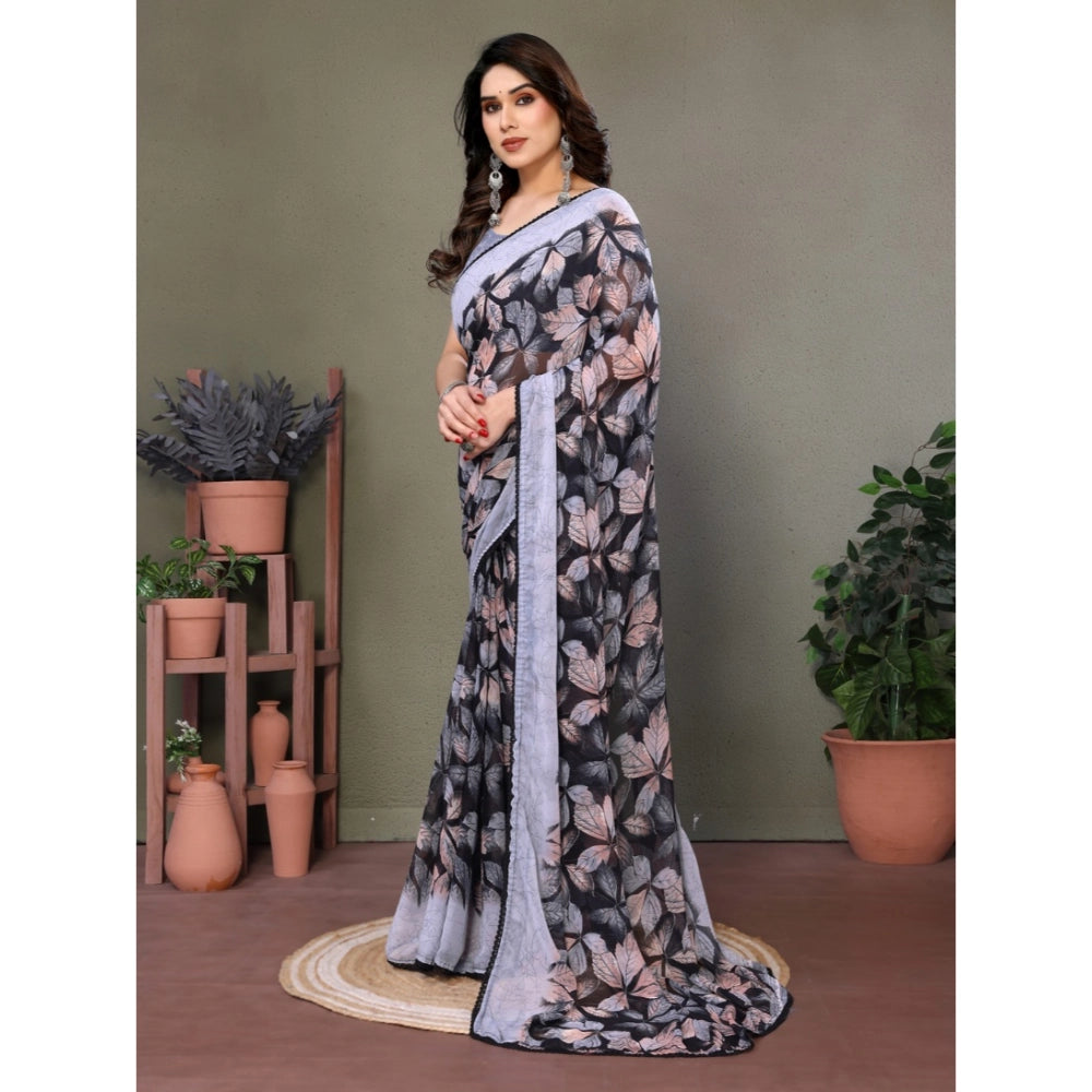 Generic Women's Chiffon Printed Saree With Unstitched Blouse 5.5Mtr (Grey)