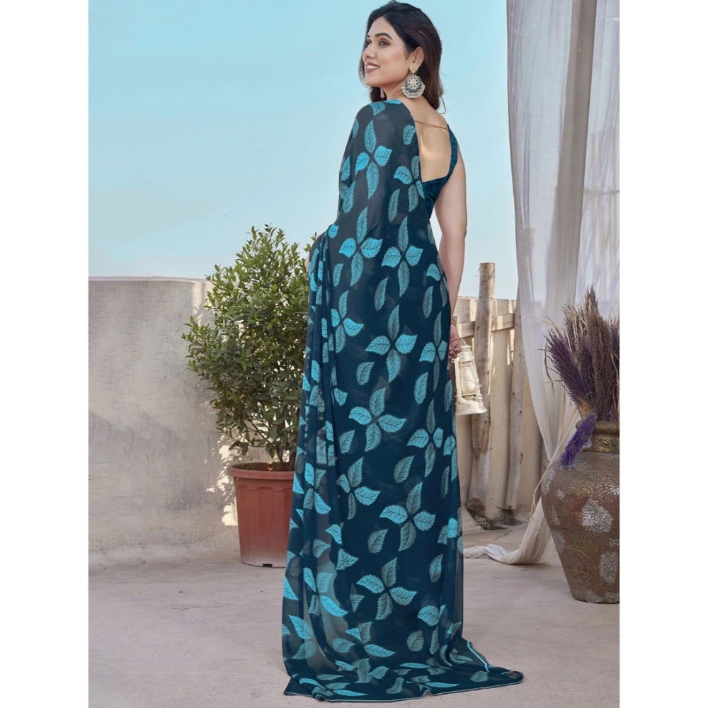 Generic Women's Chiffon Printed Saree With Unstitched Blouse 5.5Mtr (Blue)