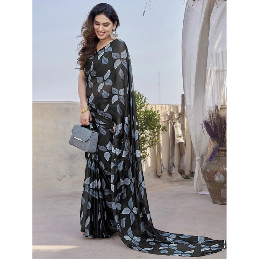 Generic Women's Chiffon Printed Saree With Unstitched Blouse 5.5Mtr (Black)