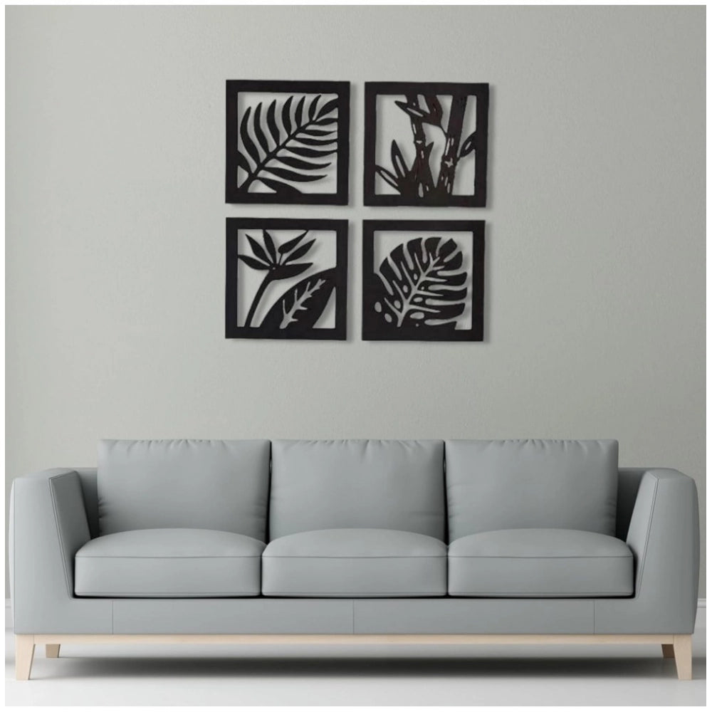 Generic 7 Decore Wooden 4 Pieces Square Tree Leaf Wall Art Panel Frame – Black (Big Size)