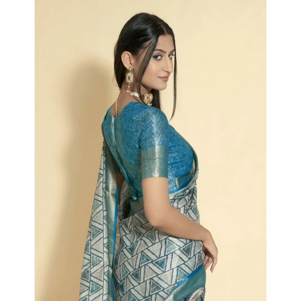 Generic Women's Polyester Printed Saree With Unstitched Blouse 5.5 Mtr (Turquoise)