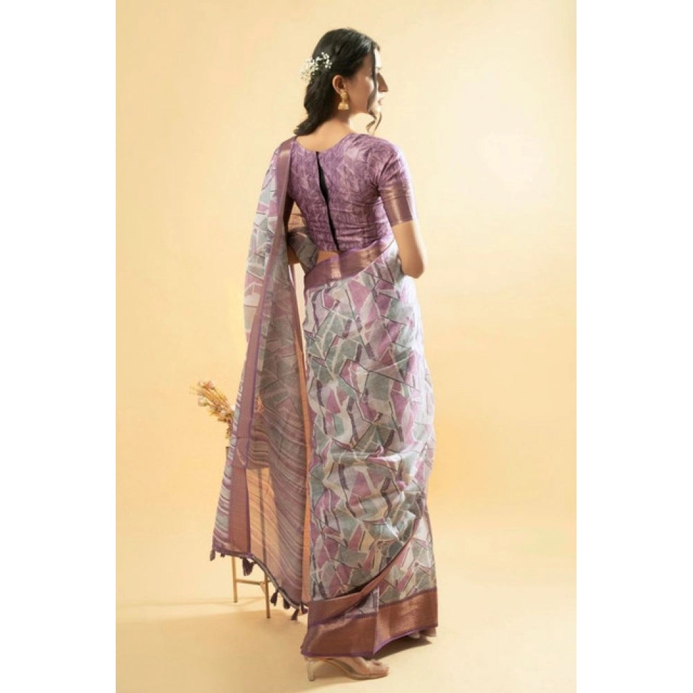Generic Women's Polyester Printed Saree With Unstitched Blouse 5.5 Mtr (Light Purple)