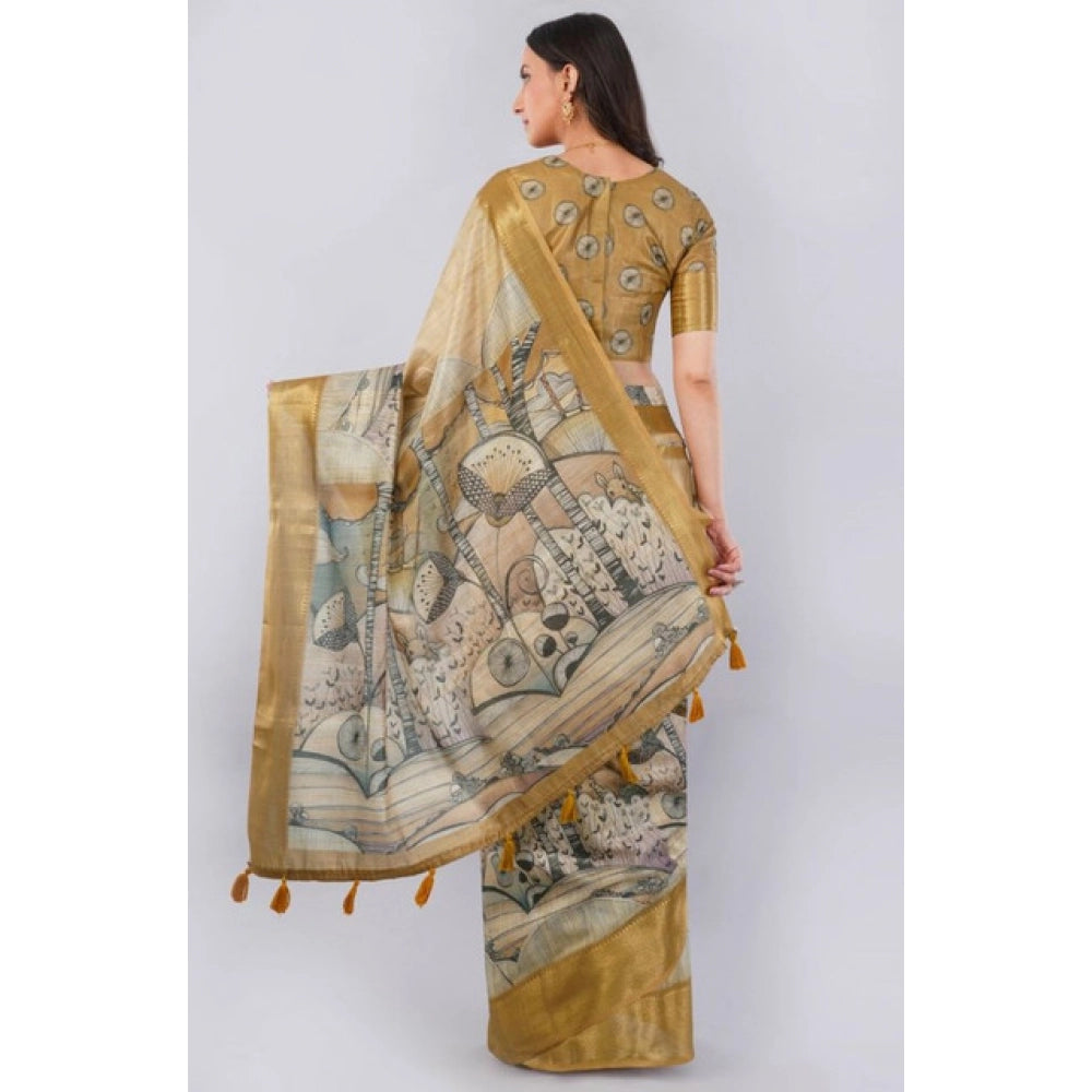 Generic Women's Polyester Printed Ready To Wear Saree With Unstitched Blouse 5.5 Mtr (Gold)