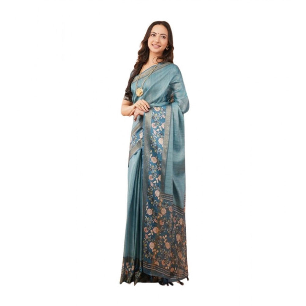Generic Women's Polyester Printed Saree With Unstitched Blouse 5.5 Mtr (Blue)