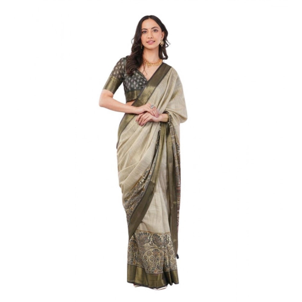 Generic Women's Polyester Printed Ready To Wear Saree With Unstitched Blouse 5.5 Mtr (Beige)