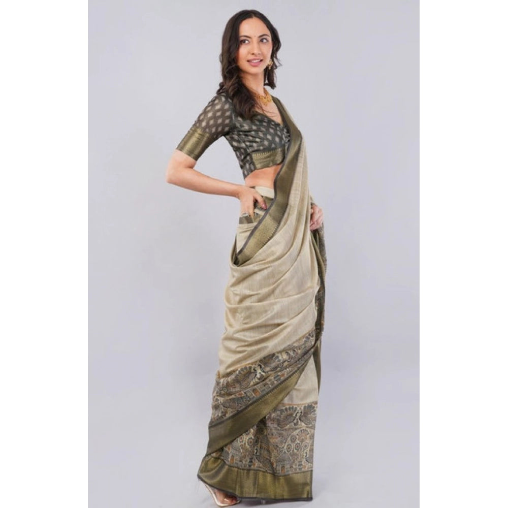 Generic Women's Polyester Printed Ready To Wear Saree With Unstitched Blouse 5.5 Mtr (Beige)