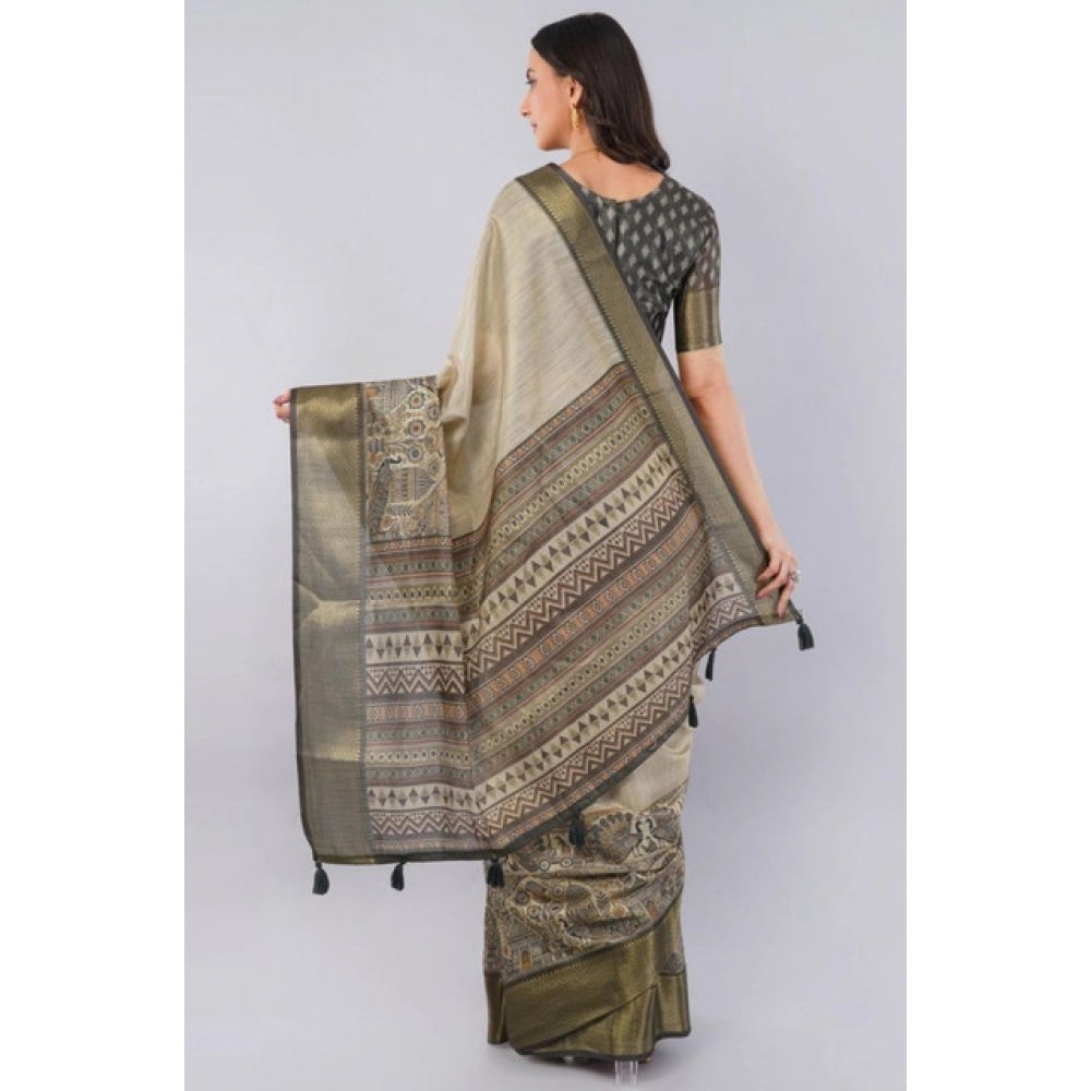 Generic Women's Polyester Printed Ready To Wear Saree With Unstitched Blouse 5.5 Mtr (Beige)