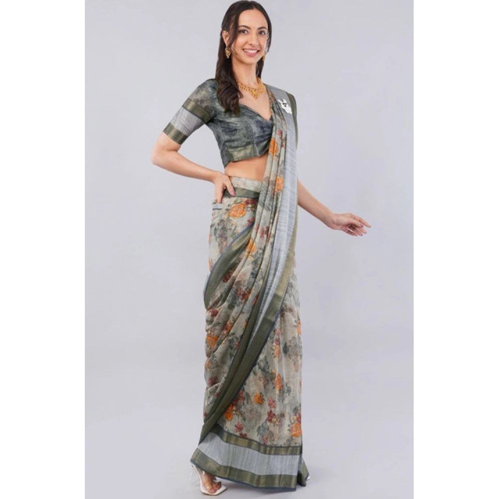 Generic Women's Polyester Printed Ready To Wear Saree With Unstitched Blouse 5.5 Mtr (Light Grey)