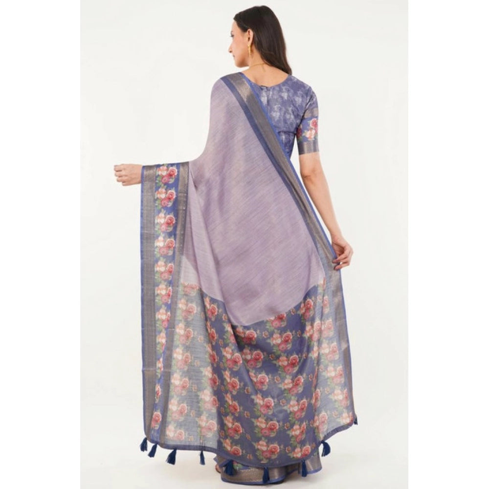 Generic Women's Polyester Printed Saree With Unstitched Blouse 5.5 Mtr (Purple)