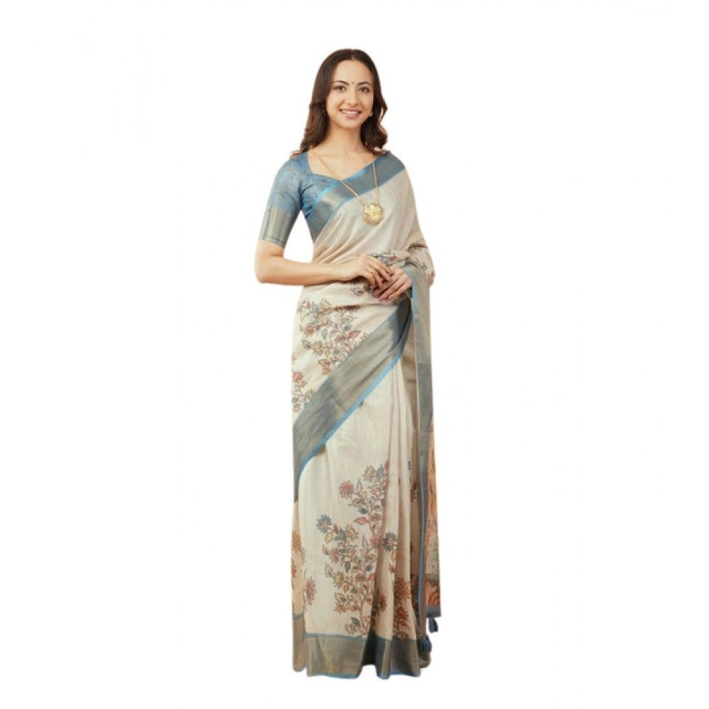 Generic Women's Polyester Printed Saree With Unstitched Blouse 5.5 Mtr (Cream)